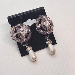 Purple Beadwork Rhinestone And Faux Pearl Dangle Earrings