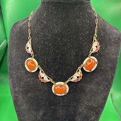 Vintage Czech Brass Gold Tone Carnelian? Cabochon Necklace Enamel
