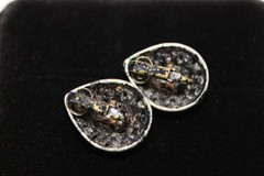 Vintage Blue Green Rhinestone Brooch & Clip Earrings Set Black Japanned Metal