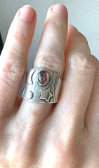 Vintage 925 Sterling Silver Wide Band Ring Pink Cabochon Star Sz 5.5