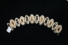 Victorian Revival Gold Tone Multicolored Rhinestone & Pearl Book Chain Bracelet