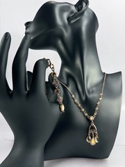 1928 BRAND Amber Glass Pendant Necklace Bracelet Set Faux Pearl Rhinestones VTG