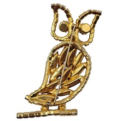 Vtg Rhinestone Owl Brooch Gold Tone Aurora Borealis Figural 2.5″ Pin Woodland
