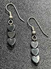 Vintage 1.5” Silver Hematite Gemstone Heart Beaded Dangle Earrings