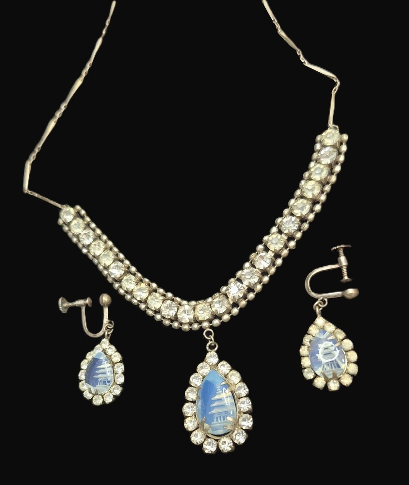 1950s Opaline Glass Intaglio Pagoda Design Demi-Parure Necklace Earrings Set