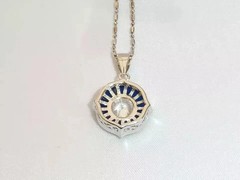 Art Deco Style Lab Created Diamond & Sapphire 14K White Gold FN Wedding Pendant