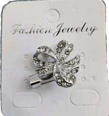 Vtg 2 Clear Rhinestone Silver Tone Zinc Metal Ribbon Shape Design Brooch Pins
