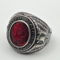 Vintage 925 Sterling Silver US Army Seal Red Intaglio Glass Signet Ring Size 7.5