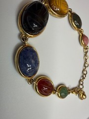Vintage Multi Gemstone Egyptian Revival Scarab Link Bracelet Mid-Century Rainbow