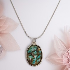 Vintage Confetti Lucite Pendant Necklace Silver Tone Chain 18″ Bohemian Indie