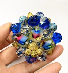 Gorgeous Vintage Made In Germany Art Glass Colorful Beads Cluster Brooch Pin