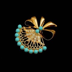 Vintage Turquoise Fan Earrings & Brooch Gold Statement Dangle Earrings Jewelry