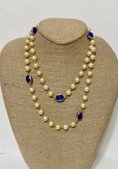 Vintage Faux Pearl Beaded Necklace Bezel Cobalt Blue Cabochon Opera Flapper 42″