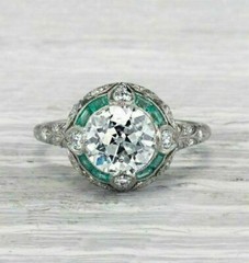 Art Deco Round Lab Created Diamond & Emerald Wedding 14Ct White Gold Finish Ring