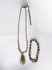 1928 BRAND Amber Glass Pendant Necklace Bracelet Set Faux Pearl Rhinestones VTG