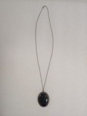 Vtg Silver Tone Prong Set Brown Stone Cabochon Oval Pendant Necklace 24″