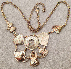 Vintage Alice In Wonderland Gold Tone Bib Necklace T Cup T Pot Rabbit Mushroom