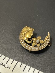 Vtg Brooch Pin Art Nouveau Deco 14K Gold Sees Pearl Woman Crescent Moon Flower