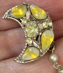 Vintage Sweater Guard Clip Crescent Moon Yellow Glass Teardrop Cabochons