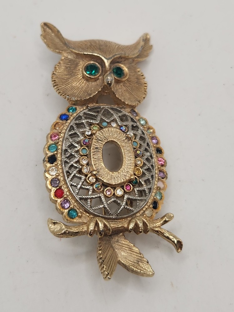 Vintage Owl Brooch Gold Tone Multi Color Rhinestone Figural Bird Pin Green Eyes
