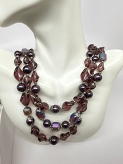 Vtg Crown Trifari purple Lucite AB Beads Demi Parure Set Silver W/ Box
