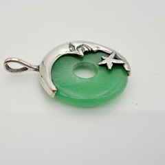 Vintage Crescent Man in the Moon Sterling Silver And Jade Jadiete Pendant NOS