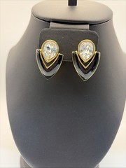 Vintage Swarovski Black Enamel Pear Rhinestone Button Clip On Earrings