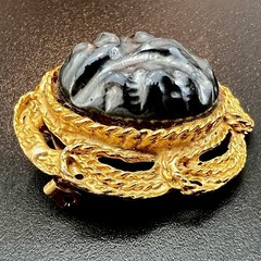 Vintage Black Carved Cameo Style Brooch Gold Tone Ornate Statement Pin