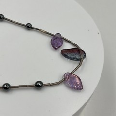 Vintage Liquid Silver Bead Bracelet Hematite Purple Glass Leaves Feather Charm