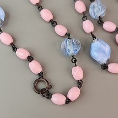 Vintage Art Deco Beaded Necklace Blue Givre Pink Milk Glass 59″ Long Flapper