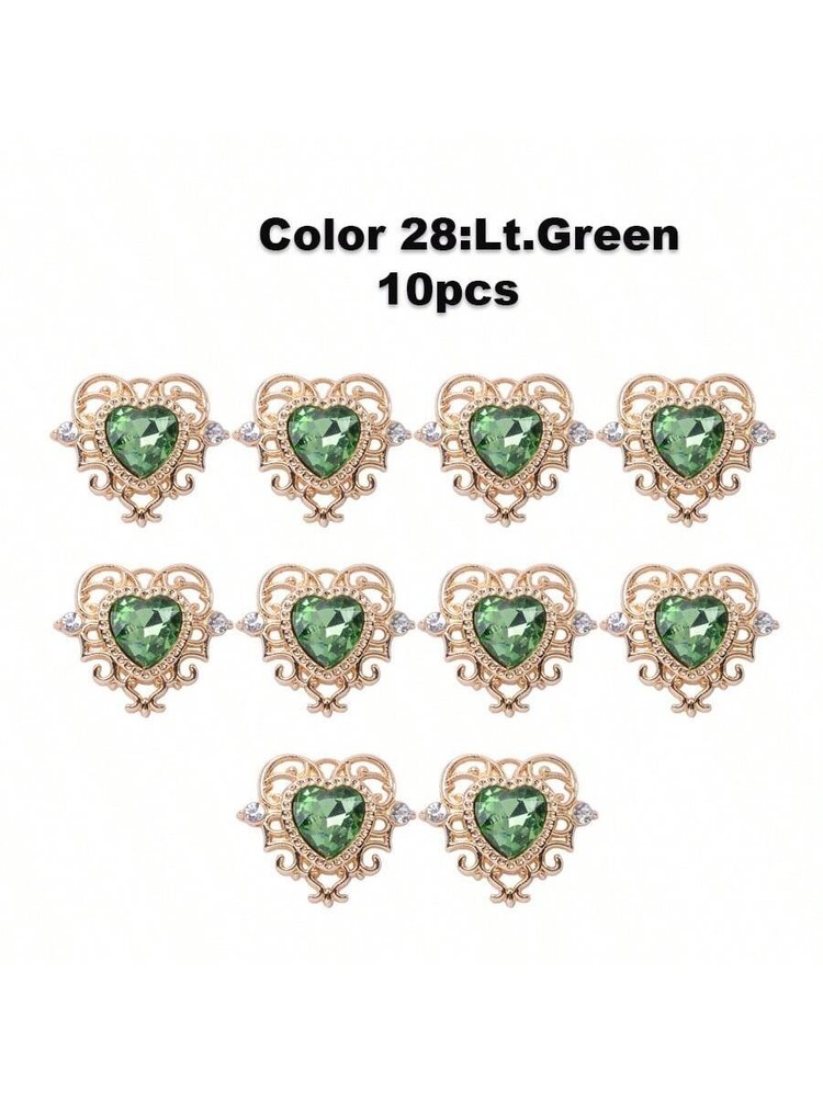 10pcs Light Green 10 Heart Pendant Gold Zinc Alloy Rhinestone Baroque Style