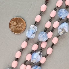 Vintage Art Deco Beaded Necklace Blue Givre Pink Milk Glass 59″ Long Flapper