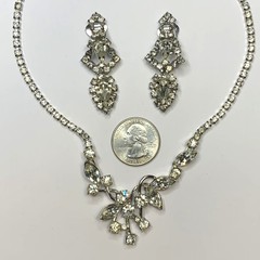 Vintage Choker Necklace Clear Rhinestone Silver Tone Asymmetrical w/ Earrings