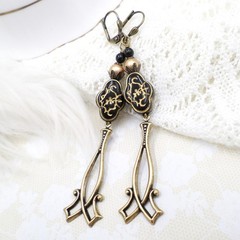 Antique Brass Dangle Earrings Black Gold Floral Acrylic Beaded Victorian Jewelry