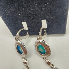 Vintage Silver Tone With Gems Women’s Earrings Geode Slices Stones Dangle Blue!