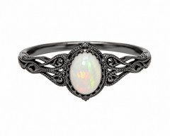 Vintage Ethiopian Opal Ring Black Rhodium 925 Sterling Silver Antique Engraved