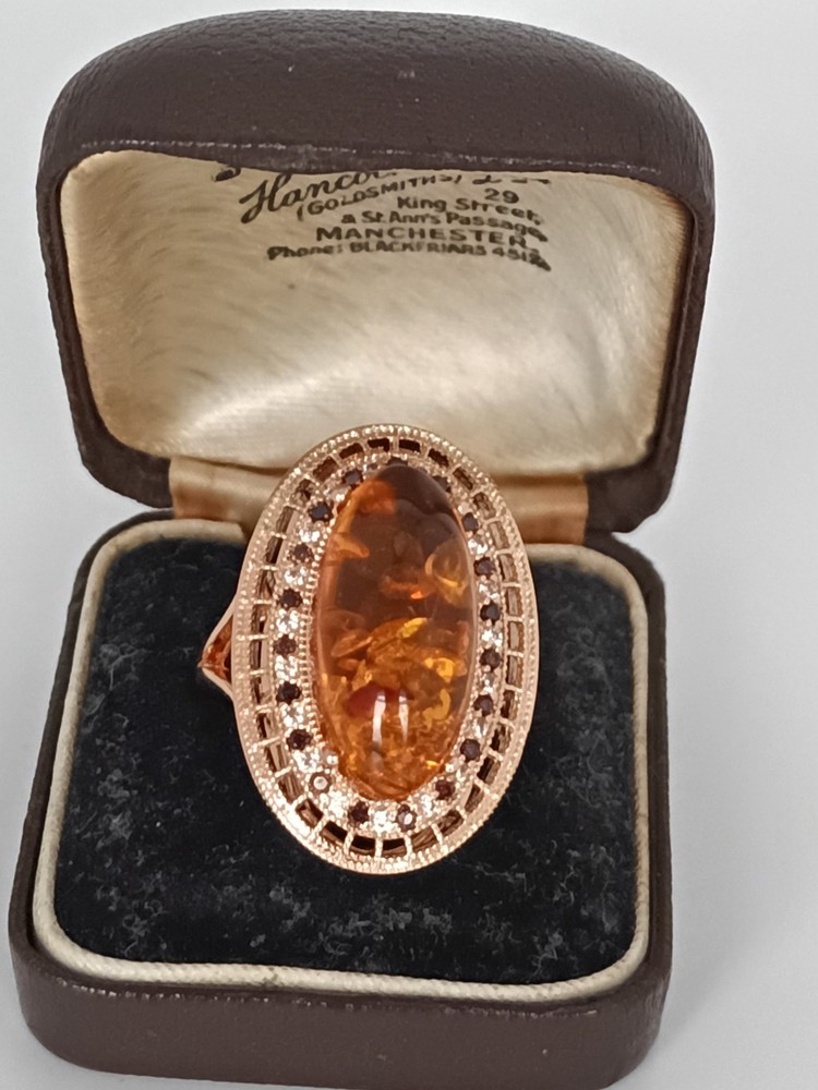 Vintage 1990-s 14 Ct Rolled Gold Amber Ring Size UK P 1/2 US 7 3/4 Hallmarked
