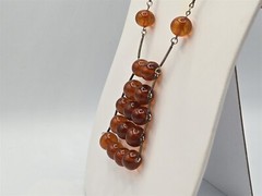 Amber Bead Modernist Necklace Silver Tone & 14 mm 30″
