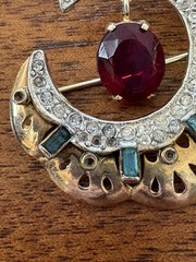 Mid Century Crescent Moon W/ Garnet & Aquamarine & Rhinestones, Gold Tone READ
