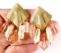 Lovely Chandelier Drop Earrings Pink Glass Crystal & Faux Pearls Gold Tone Post