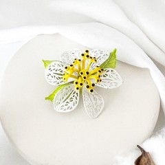 1960s Flower Brooch White Yellow Enamel Filigree Vintage Floral Pin