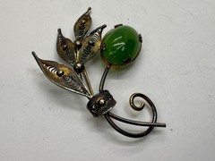 Green Jade Cabochon Floral Filigree Leaf Vintage Sterling Silver 925 Brooch Pin