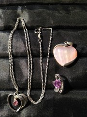 925 Sterling Silver Chain 3 Pendant Pink Mother Pearl Heart Diamond Accent L309