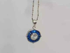 Art Deco Style Lab Created Diamond Sapphire Engagement 14K White Gold FN Pendant