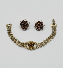 Vtg -1950s-ORANGE AMBER-Rhinestone-BRACELET and Floral EARRINGS SET-Gold Tone