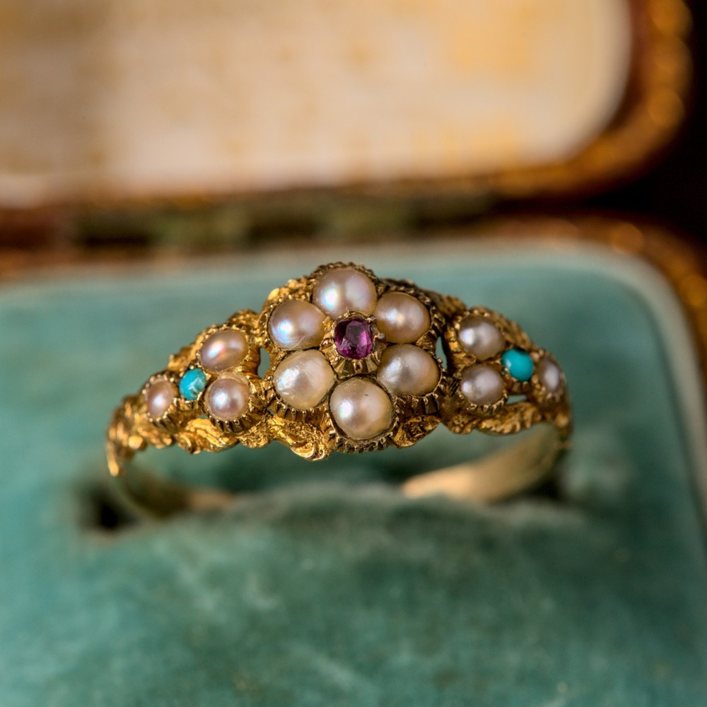 LOVELY SMALLER ANTIQUE GEORGIAN ENGLISH 18K GOLD PEARL TURQUOISE RUBY RING c1820