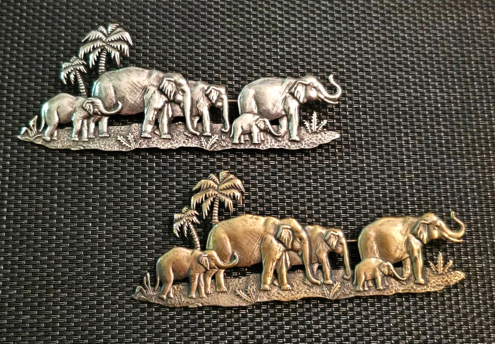 JJ Jonette ELEPHANT FAMILY WALK Pins Brooches – Silvertone & Bronze – Set of TWO