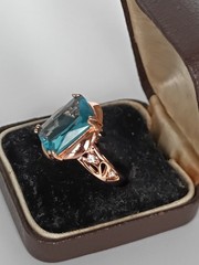 Vintage 1990-s 14 Ct Rolled Gold Blue Topaz Ring Size UK P US 7 1/2- Hallmarked