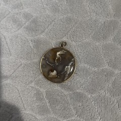 Vintage Agate Cabochon Pendant Necklace Oval Brown Gray Natural Stone Gold Tone
