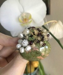 Vintage Brooch Jasper Genuine Pearls Cluster Olivine Stones Pin Pendant